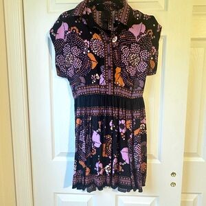 Anna Sui Black Purple and Orange Floral Casual Dress with Smock Waist Fall 2016